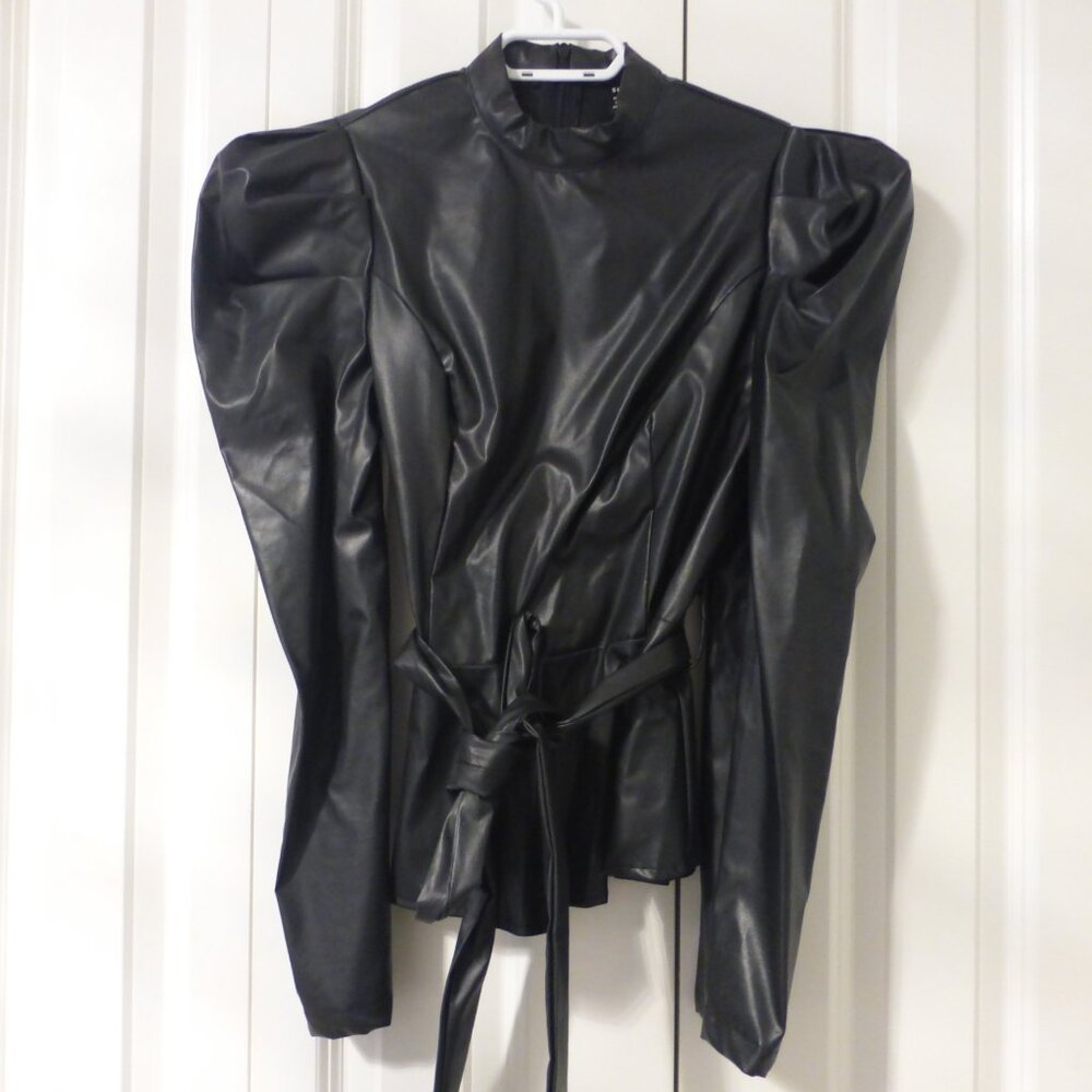 SHEIN black faux leather gigot sleeve top